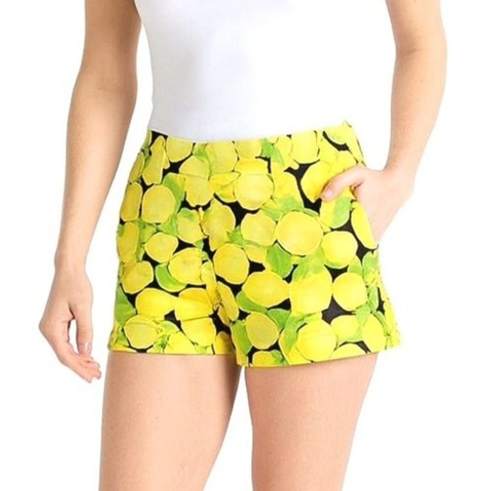Ann Taylor Shorts Yellow Green Lemon Print Stretch Side Pockets Preppy Summer‎ 2